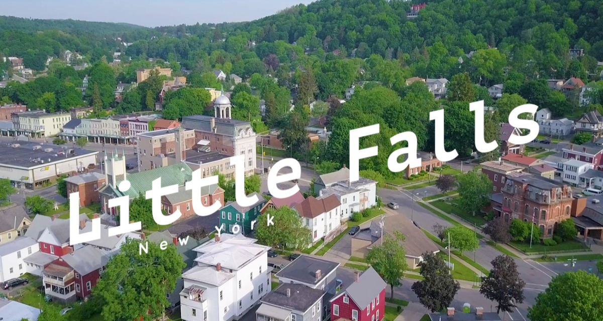 aerial city view with "Little Falls" letters