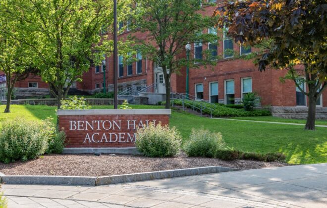 School with sign Benton Hall Academy